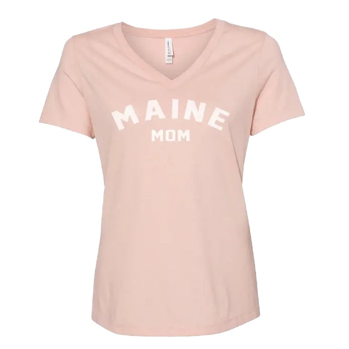 Maine Mom V-Neck Heather Peach T-Shirt Womens Relaxed Fit 52/48 Poly/Cotton Blend