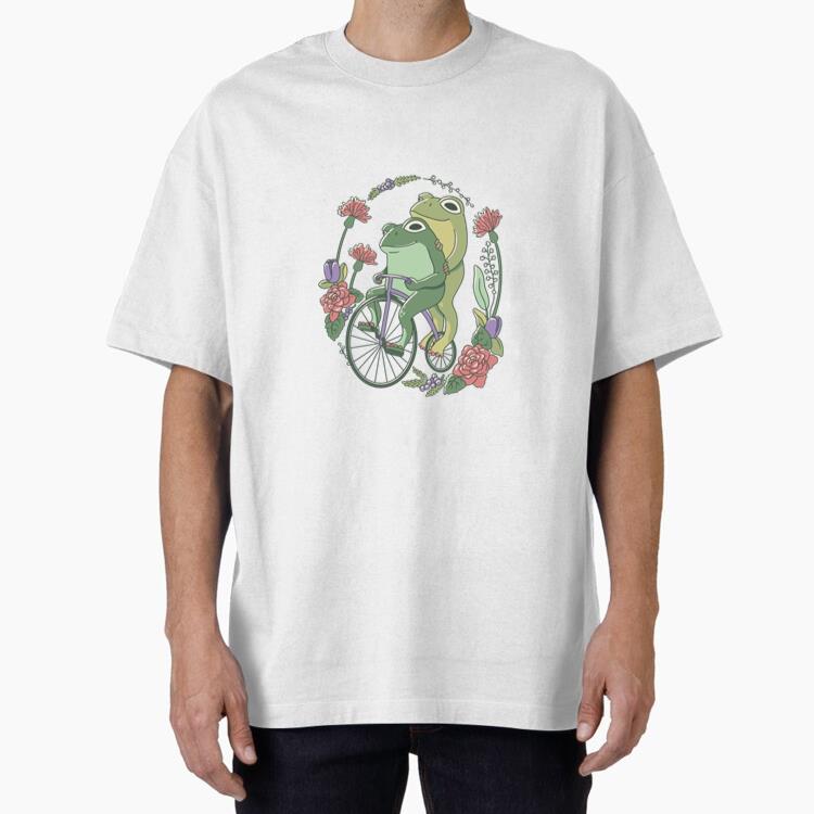 Two Frogs Riding A Bicycle Surrounded By Flowers T-Shirt