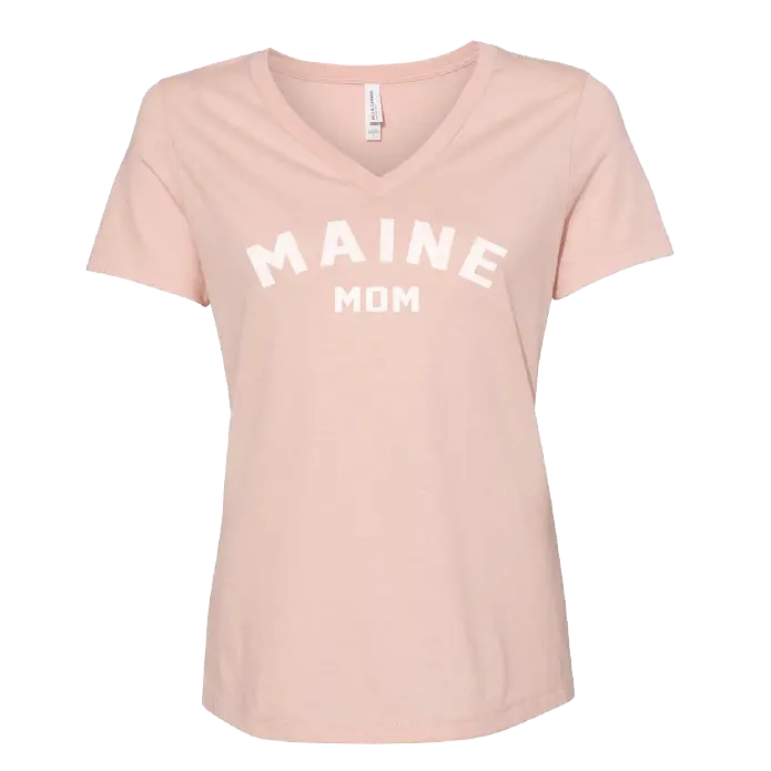 Maine Mom V-Neck Heather Peach T-Shirt Womens Relaxed Fit 52/48 Poly/Cotton Blend