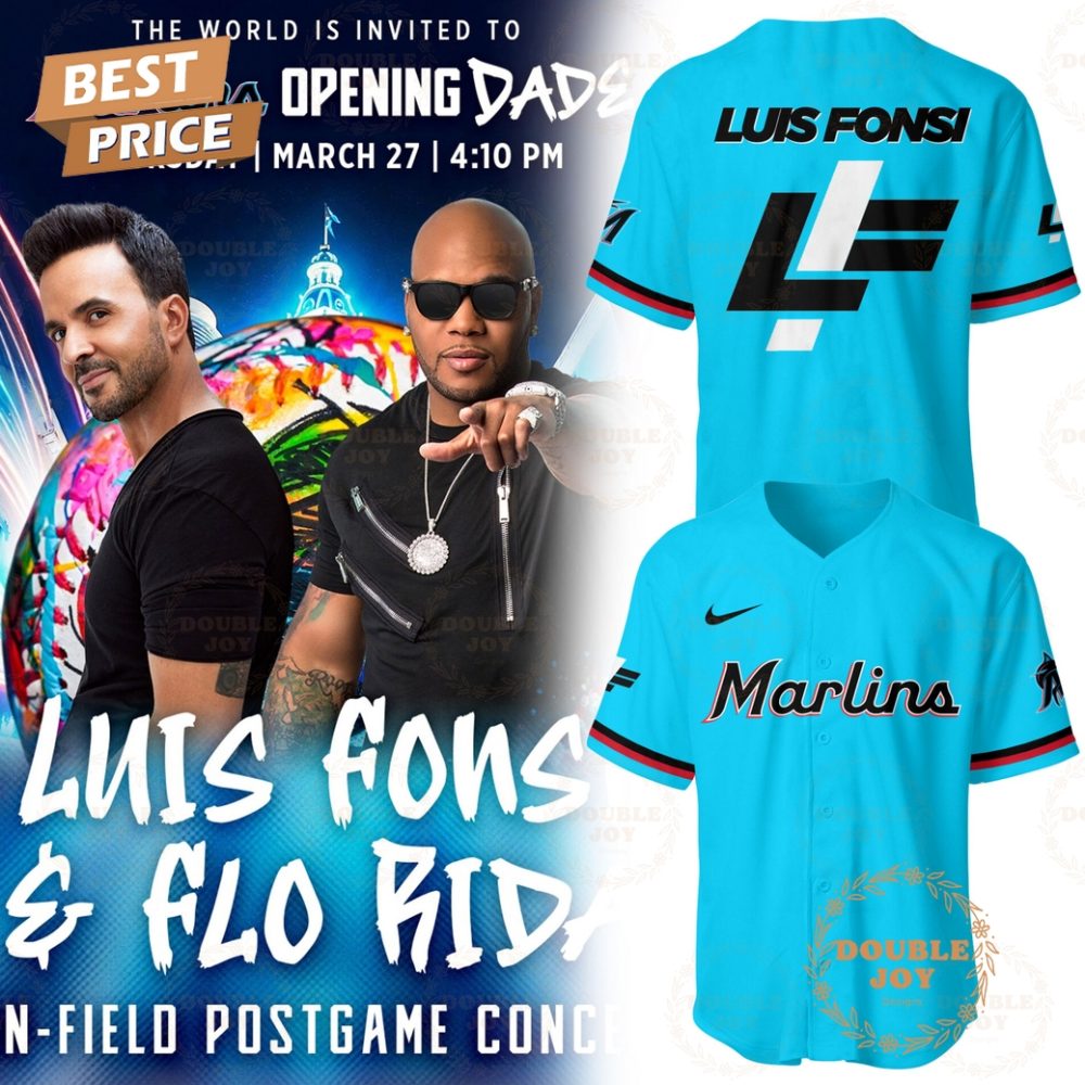 Gohipanda - 2025 The World Is Invited To Miami Marlins Mlb Opening Dade Luis Fonsi And Flo Rida Gift New Edition Baseball Jersey - Blue