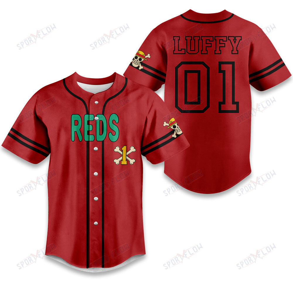 Gohipanda - Cincinnati Reds X One Piece Yellow Straw Hat Skull On Red Baseball Jersey