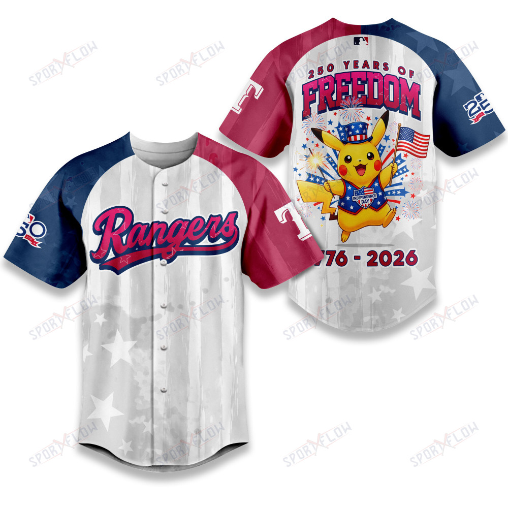 Gohipanda - Texas Rangers X Pikachu Proud Of 250 Years Of Freedom Baseball Jersey