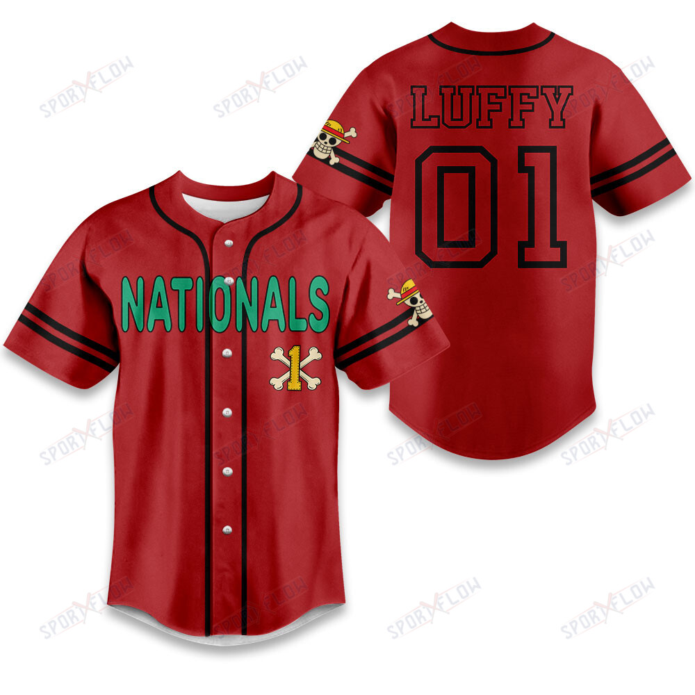 Gohipanda - Washington Nationals X One Piece Yellow Straw Hat Skull On Red Baseball Jersey