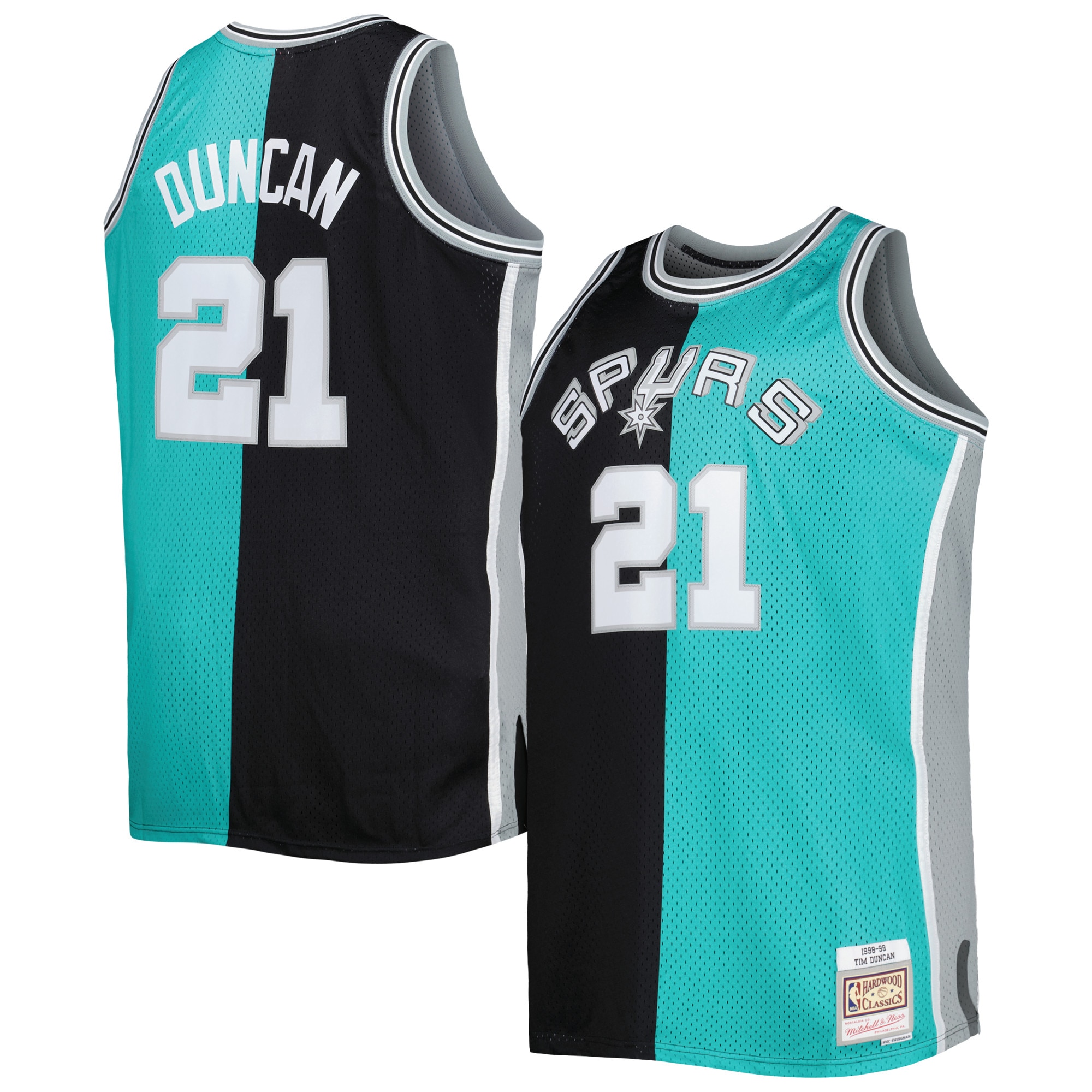 Gohipanda - Tim Duncan San Antonio Spurs Big & Tall Hardwood Classics 1998/99 Split Swingman Jersey - Black/Teal